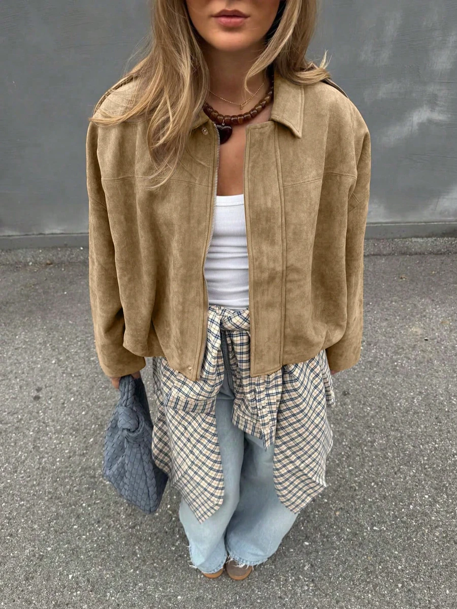 Women's Regular Fit Faux Suede Long Sleeve Single-Breasted Loose Casual Jacket, Suitable For Spring Wear