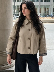 Women's Vintage Plaid Colorblock Jacket, Minimalist Short Lapel, Warm Polyester Blend, Button Front Long Sleeve, Autumn/Winter Daily Commute Casual - Khaki - View 1