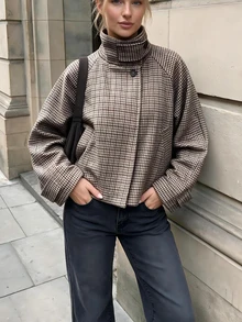Women's Plaid High Collar Jacket, Elegant Button Front Casual Loose Fit Outerwear Suitable For Autumn Spring - Light Grey - View 4