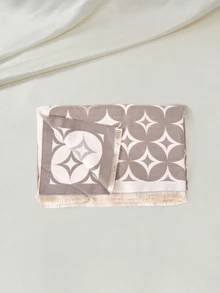 Clariva 1件仿羊絨極簡星星圖案提花保暖圍巾，女款，適用冷氣房、秋冬，時尚百搭 - 卡其色 - 查看 2