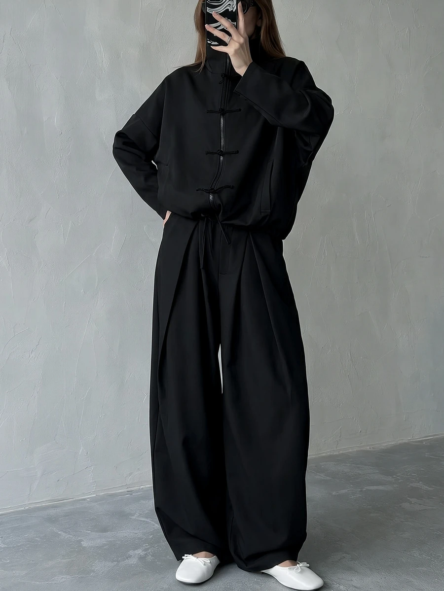 Women Fall Elegant Casual Chinese Style Black Frog Button Stand Collar Long Sleeve Wide Leg Two Pieces Pant Set For Office Going Out Vacation - Black - View 1