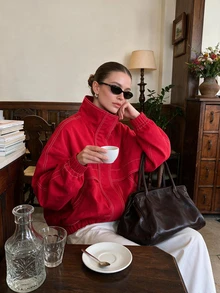 Women's Pure Red Drop Shoulder Baseball Jacket, Loose Casual Street Style Outerwear, Suitable For Spring And Autumn Vacation - Red - View 2