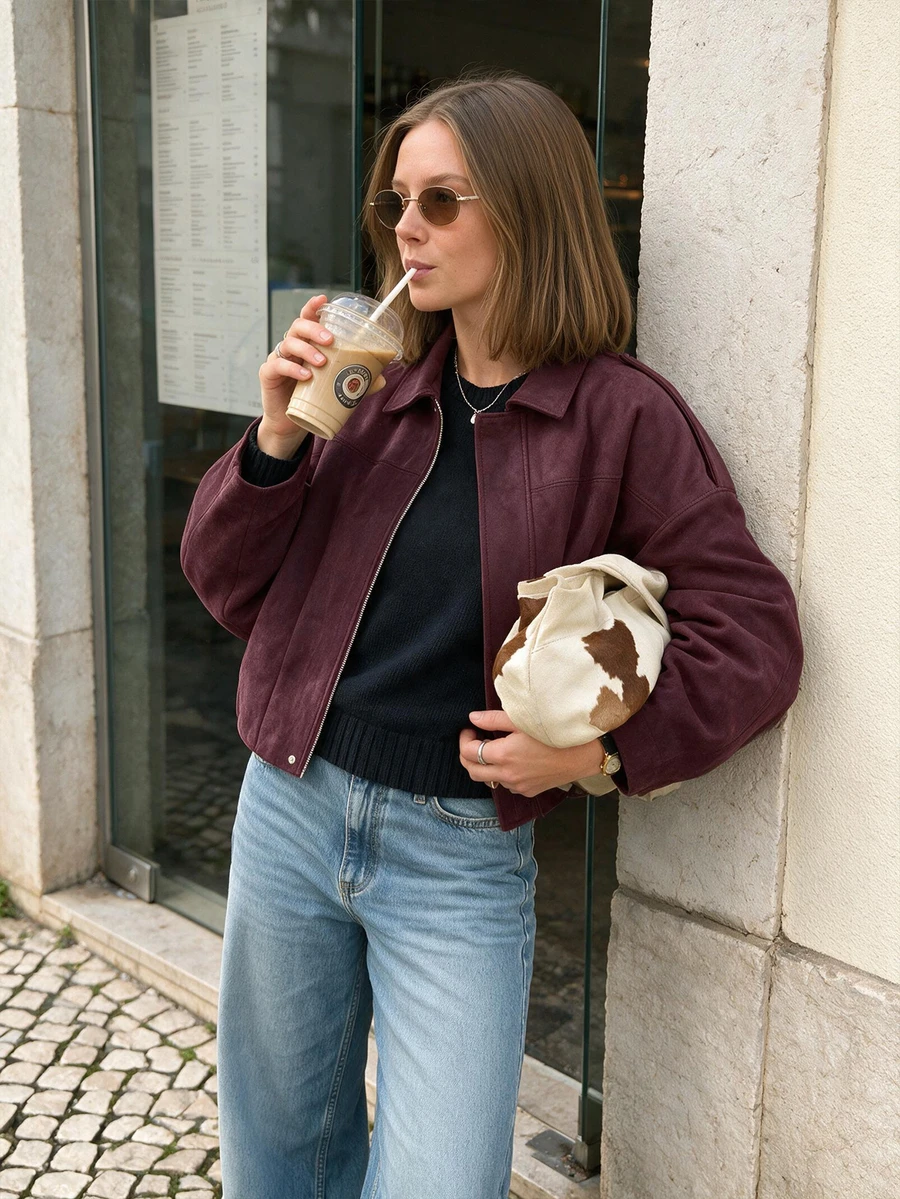 Women's Regular Faux Suede Long Sleeve Single-Breasted Loose Casual Jacket Fall Red