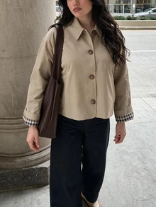 Women's Vintage Plaid Colorblock Jacket, Minimalist Short Lapel, Warm Polyester Blend, Button Front Long Sleeve, Autumn/Winter Daily Commute Casual - Khaki - View 5