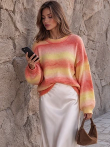 FOR BEAUTY Fall Winter Women Sweaters Y2K Chic Ombre Striped Crewneck Knit Tops Sunset Gradient Loose Pullover Lantern Sleeve Date Brunch Outfits - Multicolor - View 7