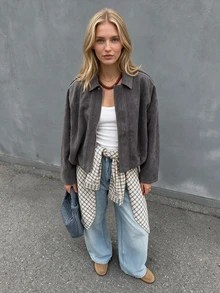 Women's Regular Fit Faux Suede Long Sleeve Single-Breasted Loose Casual Jacket, Suitable For Spring Wear Fall - Grey - View 3