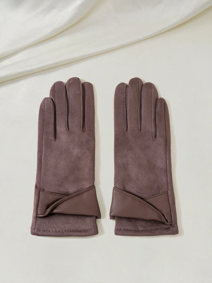 Clariva 1 Pair Solid Color Casual Faux Suede Bowknot Warm Gloves, Suitable For Women Driving, Cycling In Winter - A - View 1