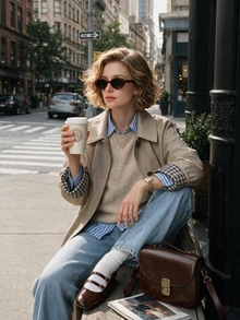 Women's Vintage Plaid Colorblock Jacket, Minimalist Short Lapel, Warm Polyester Blend, Button Front Long Sleeve, Autumn/Winter Daily Commute Casual - Khaki - View 2