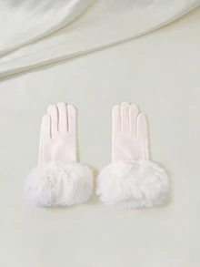 Clariva 可愛1對女士白色仿羊毛高密度彈性口暖手套，具有觸摸屏功能，冬季戶外騎行配件 - 白色 - 查看 1