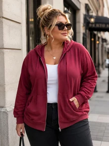 Sweatshirt Wanita Warna Burgundy dengan Resleting, Tali Serut, dan Saku, Lengan Panjang, Potongan Reguler, Bahan Rajut, Cocok untuk Dipakai di Musim Gugur/Musim Dingin - Burgundy - View 2