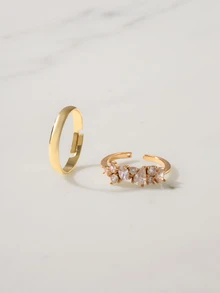 Clariva 2pcs Elegant Cubic Zirconia Stone Rings, Stackable Rings Suitable For Women's Daily Wear, Dates - Yellow Gold - View 1