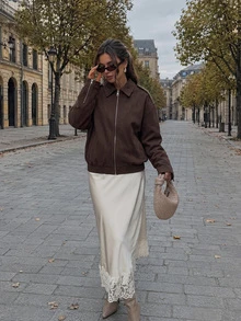 Women Fall Fashion Casual Vintage Brown Suede Collared Long Sleeve Jacket For Office Work Going Out Daily - Dark Brown - View 2