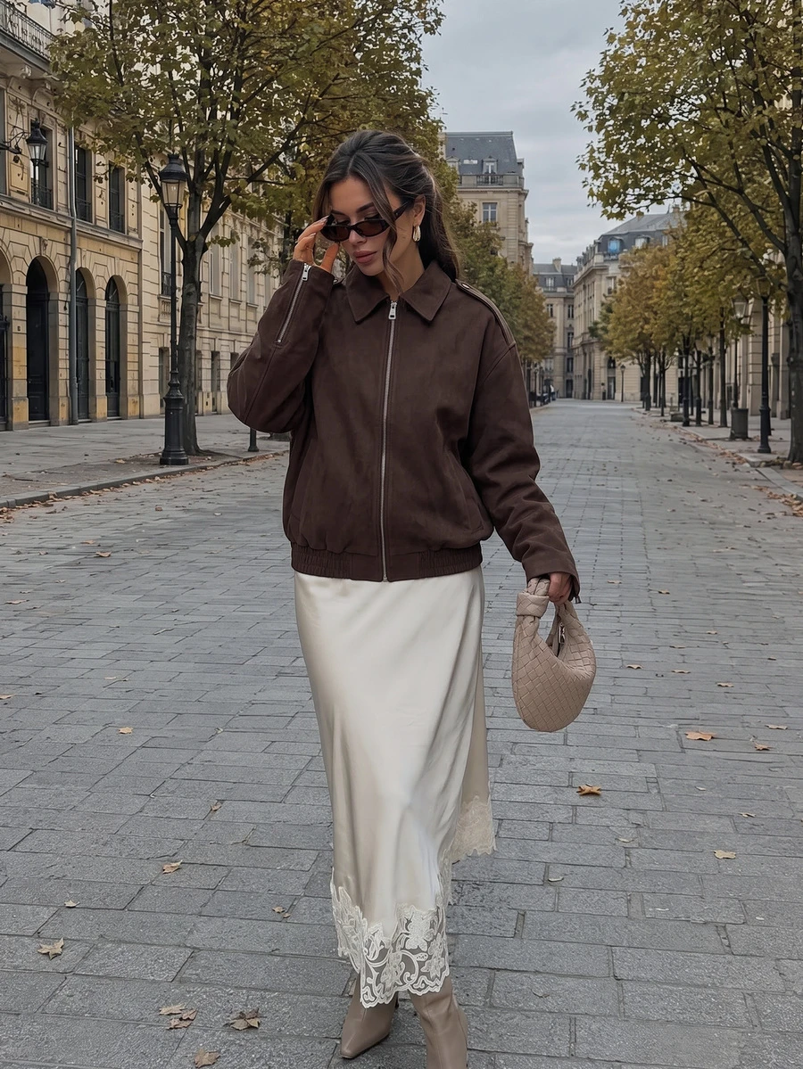 Women's Autumn Fashion Casual Vintage Brown Suede Lapel Long Sleeve Jacket, Suitable For Office Work, Outings And Daily Wear - Dark Brown - View 1