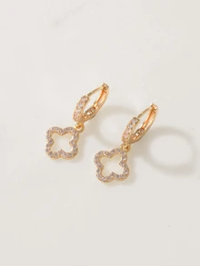 Clariva 1 pasang anting-anting mewah bertatahkan tembaga dan zirkonia penuh, desain bunga dan bintang elegan berongga. - Emas - View 3