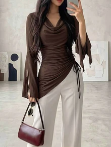 Atasan Wanita Gaya Muda Lengan Panjang Kerah Berkerut Lengan Lonceng Tali Serut Lipit Hem Asimetris - Coffee Brown - View 1