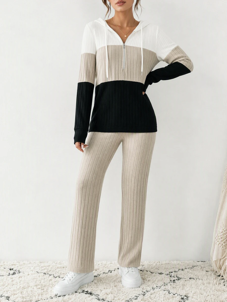 Plus Size Women's Hooded Drawstring Colorblock Ribbed Knit Top & Pants 2 Pieces Set, Autumn/Winter Fashion Knit Set - Apricot - View 1