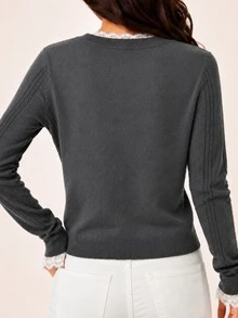 Women's Gray V-Neck Knit Cardigan With Contrast Lace Trim, Long Sleeve, Regular Fit, Suitable For Autumn/Winter - Grey - View 2