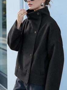 Vintage Style Solid Color Double-Breasted High Collar Women Jacket, Commuter Women Coat For Autumn/Winter Black Spring - Black - View 4