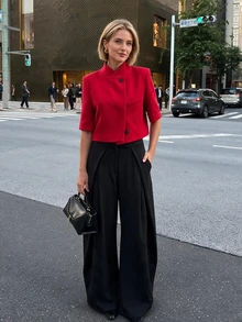 Women's Regular Fit Short Blazer, Short Sleeve Business Suit Jacket, Suitable For Spring/Summer Graduation Season Red - Red - View 4