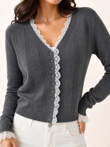 Women's Gray V-Neck Knit Cardigan With Contrast Lace Trim, Long Sleeve, Regular Fit, Suitable For Autumn/Winter - Grey - View 1
