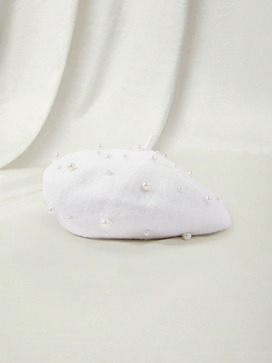Clariva Elegant 1pc Women Wool-Mix Faux Pearl Decor Fashion Beret, For Decoration - White - View 1