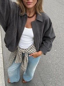 Women's Regular Fit Faux Suede Long Sleeve Single-Breasted Loose Casual Jacket, Suitable For Spring Wear Fall - Grey - View 4