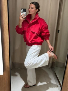 Women's Pure Red Drop Shoulder Baseball Jacket, Loose Casual Street Style Outerwear, Suitable For Spring And Autumn Vacation - Red - View 1