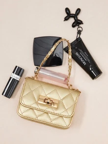 Okurime. New Mini Square Bag Women Handbag Diamond Pattern Stitching Shoulder Bag Woven Chain Bag Flip Small Bag - Gold - View 2
