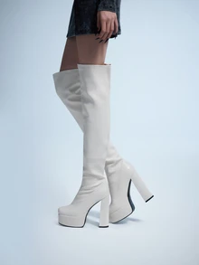 Rollcall Fall/Winter Women White Minimalist Platform Chunky Heeled Boots, Round Toe High Heel Classic Boots,Sexy - White - View 3