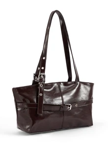 Okurime. 1pc Vintage Large Capacity Tote Bag,  PU Solid Color Oiled Wax Leather,  Zipper Closure,  For Work, School - Coffee - View 4