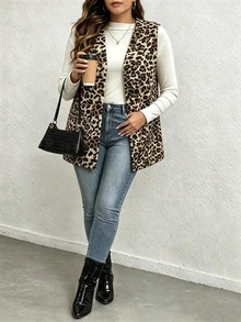 Plus Size Women's Leopard Print Open Front Sleeveless Vest, With Pockets, Casual Everyday Layering Outerwear - Camel - View 1