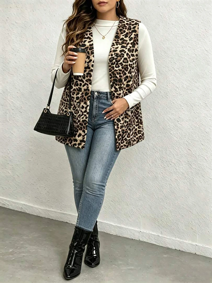 Plus Size Women's Leopard Print Open Front Sleeveless Vest, With Pockets, Casual Everyday Layering Outerwear - Camel - View 1