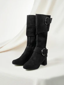 Clariva Fall/Winter 2025 Women's European & American Style Pleated Buckle Cone Heel Side Zipper Plus Size Knee-High Boots - Black - View 1