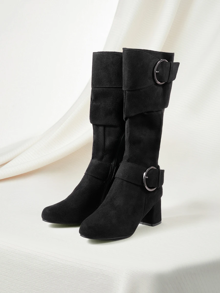 Clariva Fall/Winter 2025 Women's European & American Style Pleated Buckle Cone Heel Side Zipper Plus Size Knee-High Boots - Black - View 1