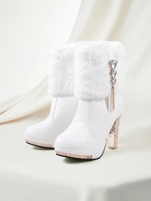 Clariva 2026 Autumn/Winter New Women's Shoes White Fashion Boots Mid-Calf Boots Suede Trim Rhinestone - White - View 1