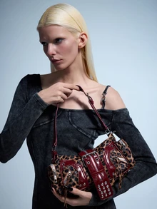 Rollcall 1pc Vintage Leopard Print Rivet Y2K Punk Style Underarm Bag, Suitable For Daily Commute And Streetwear - Multicolor - View 3