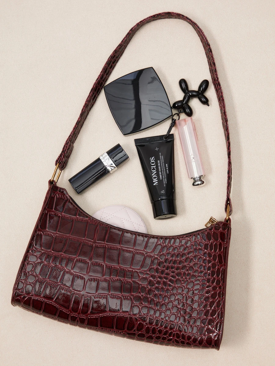 Okurime. Glamorous, Elegant, Exquisite Vacation, Old Money Portable Minimalist Crocodile Embossed Bag - Burgundy - View 1