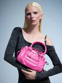 Rollcall 1pc Watermelon Pink Patchwork Rivet Inlaid Metal Tassel Zipper Decor Vintage PU Strap - Watermelon Pink - View 5