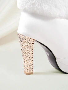 Clariva 2026 Autumn/Winter New Women's Shoes White Fashion Boots Mid-Calf Boots Suede Trim Rhinestone - White - View 3