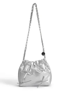Okurime. 1pc Solid Color Bowknot Decorated PU Leather Women's Shoulder Bag, Featuring Fashionable Open Design With Chain - Silver - View 3