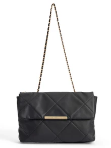 Okurime. Rhombus Embroidered Chain Shoulder Bag, Double Buckle Double Chain Flap Bag, Crossbody Handbag - Black - View 5