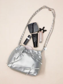 Okurime. 1pc Solid Color Bowknot Decorated PU Leather Women's Shoulder Bag, Featuring Fashionable Open Design With Chain - Silver - View 1
