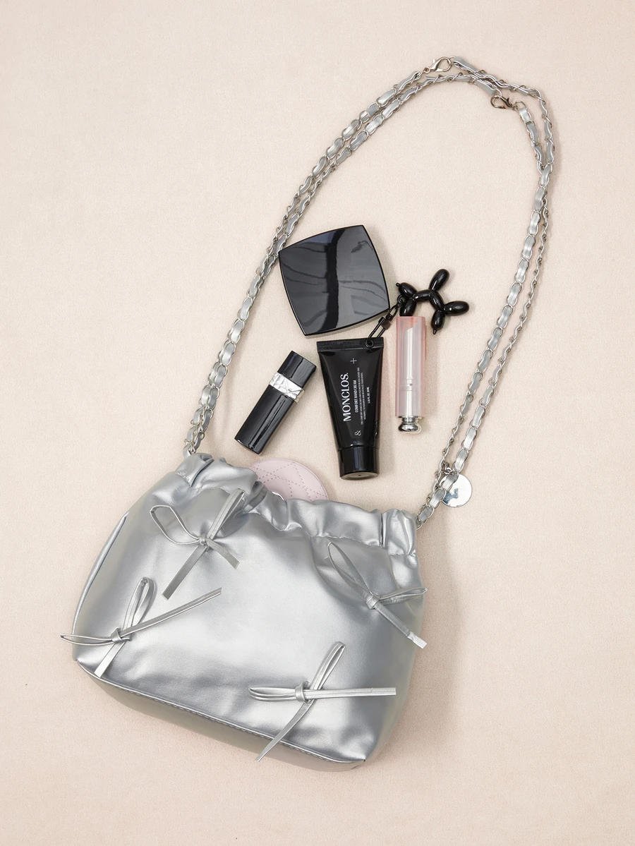 Okurime. 1pc Solid Color Bowknot Decorated PU Leather Women's Shoulder Bag, Featuring Fashionable Open Design With Chain - Silver - View 1