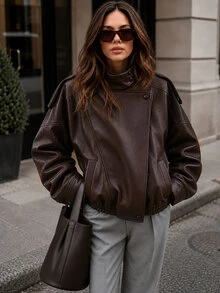 Women's Elegant Vintage Street Motorcycle Style Faux Leather Jacket, Stand Collar Zip-Up Jacket, Autumn Casual , Vacation Fall - Brown - View 2