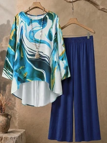 Set Kaos dan Celana Panjang Wanita Ukuran Plus dengan Motif Cetak dan Hem Asimetris - Biru - View 1