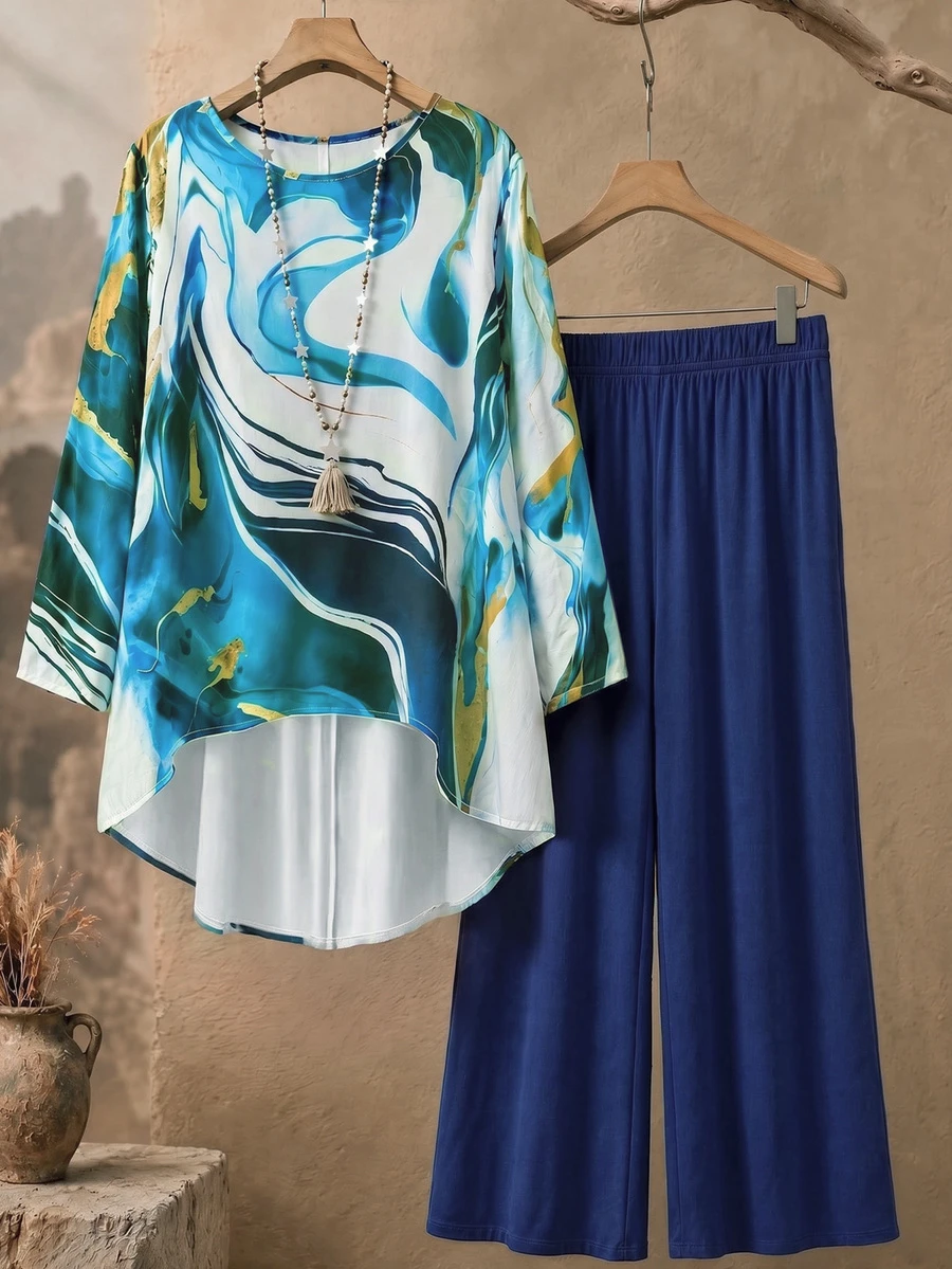 Set Kaos dan Celana Panjang Wanita Ukuran Plus dengan Motif Cetak dan Hem Asimetris - Biru - View 1