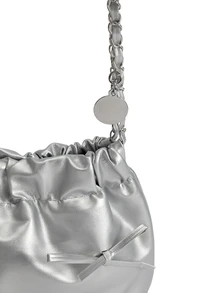 Okurime. 1pc Solid Color Bowknot Decorated PU Leather Women's Shoulder Bag, Featuring Fashionable Open Design With Chain - Silver - View 5