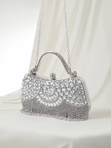Clariva New Rhinestone Studded Shiny Evening Clutch Bag With Tassel Decor, Gift For Women, Suitable For Party, Wedding, Banquet - Silver - View 3
