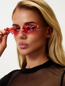 TuEzra 1/2/3pcs Women's Flame Shaped Rhinestone Red Rimless Glasses, European And American Style Exaggerated Personalized Fashion - Multicolor - View 2