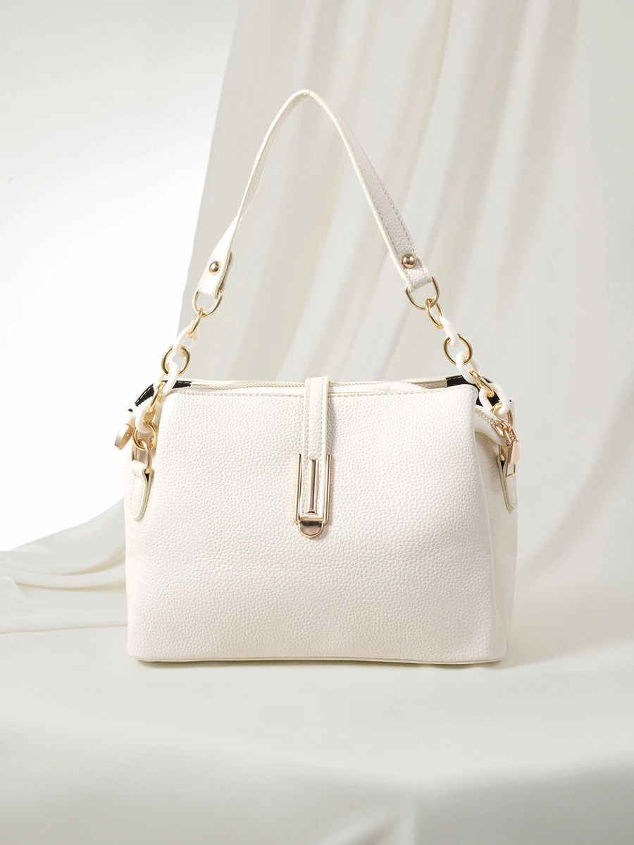 Clariva Fashionable & Elegant Chain Solid Color Wide Strap PU Leather Women's Multi-Layer Handbag Shoulder Bag - Beige - View 1